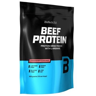 BioTechUSA Beef Protein Peptídeo de proteína de bovino hidrolizada 87% de teor de proteínas, com L-glutamina e L-arginina, sem açúcares, baixo teor de gordura, 500 g, morango BioTechUSA Beef Protein Peptídeo de proteína de bovino hidrolizada 87% de teor de proteínas, com L-glutamina e L-arginina, sem açúcares, baixo teor de gordura, 500 g, morango