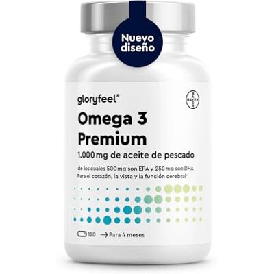 Gloryfeel Omega Premium 3 Forma de Triglicéridos (4 vezes mais forte) 75% EPA e DHA, conteúdo mais alto ácidos gordos de alta absorção cápsulas de óleo de peixe purificadas em laboratório alemão Gloryfeel Omega Premium 3 Forma de Triglicéridos (4 vezes mais forte) 75% EPA e DHA, conteúdo mais alto ácidos gordos de alta absorção cápsulas de óleo de peixe purificadas em laboratório alemão
