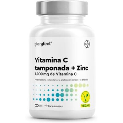 Gloryfeel Vitamina C Zinco, 365 cápsulas, 1000 mg vitamina C 20 mg zinco, apoia o sistema imunitário e reduz a fadiga, vitamina C tampada com proteção gástrica e pH neutro, 100% vegano Gloryfeel Vitamina C Zinco, 365 cápsulas, 1000 mg vitamina C 20 mg zinco, apoia o sistema imunitário e reduz a fadiga, vitamina C tampada com proteção gástrica e pH neutro, 100% vegano