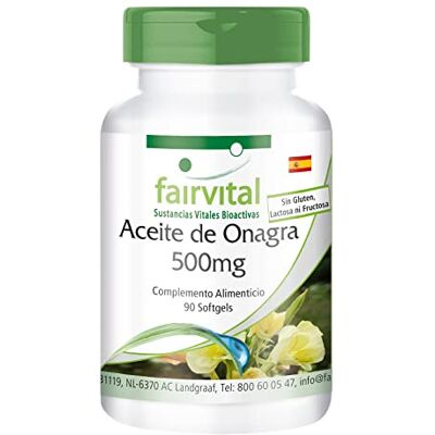 fairvital Óleo de onagra 500 mg, 90 cápsulas macias, fáceis de engolir, alta dose com 1000 mg por dose diária, 10% de ácido gama-linolénico (GLA) 20 mg de vitamina E natural fairvital Óleo de onagra 500 mg, 90 cápsulas macias, fáceis de engolir, alta dose com 1000 mg por dose diária, 10% de ácido gama-linolénico (GLA) 20 mg de vitamina E natural