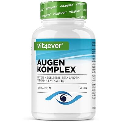 Vit4ever Complexo vitamínico para os olhos, 180 cápsulas, alta dose Para 6 meses luteína, zeaxantina, extrato de mirtilo, betacaroteno, vitamina A e vitamina B2 vegano Vit4ever Complexo vitamínico para os olhos, 180 cápsulas, alta dose Para 6 meses luteína, zeaxantina, extrato de mirtilo, betacaroteno, vitamina A e vitamina B2 vegano