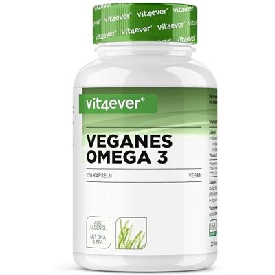 Vit4ever Omega 3 Vegan 120 cápsulas lisas, 1500 mg de óleo de algas Matéria-prima da marca life's OMEGA 450 mg de DHA e 225 mg de EPA forma natural de riglicéridos vegano Vit4ever Omega 3 Vegan 120 cápsulas lisas, 1500 mg de óleo de algas Matéria-prima da marca life's OMEGA 450 mg de DHA e 225 mg de EPA forma natural de riglicéridos vegano