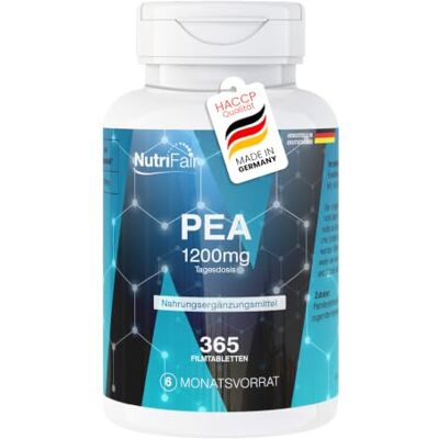 NutriFair , PEA 1200 mg, 365 comprimidos, 1200 mg por dia, alta dose, palmitoiletanolamida, fáceis de engolir, 100% veganos, fabricados na Alemanha e submetidos a testes laboratoriais NutriFair , PEA 1200 mg, 365 comprimidos, 1200 mg por dia, alta dose, palmitoiletanolamida, fáceis de engolir, 100% veganos, fabricados na Alemanha e submetidos a testes laboratoriais