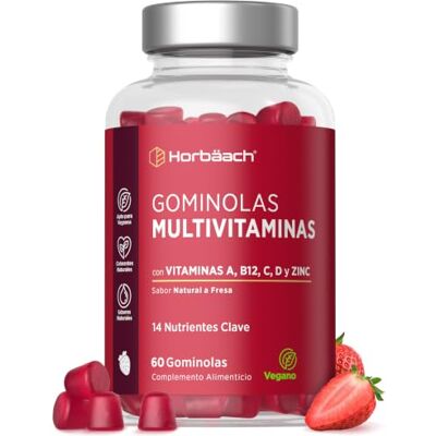 Horbäach Multivitaminas Gominolas 14 multivitaminas e minerais essenciais Com vitamina D, A, C, B6, B12, E, biotina, zinco e ácido fólico, e mais, 60 Gummies sabor morango, de Horbaach Horbäach Multivitaminas Gominolas 14 multivitaminas e minerais essenciais Com vitamina D, A, C, B6, B12, E, biotina, zinco e ácido fólico, e mais, 60 Gummies sabor morango, de Horbaach