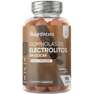 WeightWorld Eletrólitos em Gominolas 448 mg por porção, sem açúcar 90 Gominolas Com cálcio, magnésio, potássio, sódio e cloruro, sabor natural de pêssego, sem glúten nem OGM, vegano WeightWorld Eletrólitos em Gominolas 448 mg por porção, sem açúcar 90 Gominolas Com cálcio, magnésio, potássio, sódio e cloruro, sabor natural de pêssego, sem glúten nem OGM, vegano