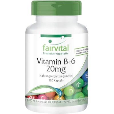 fairvital Vitamina B6 20 mg, 180 cápsulas, alta Dose, cloridrato de piridoxina, VEGANO fairvital Vitamina B6 20 mg, 180 cápsulas, alta Dose, cloridrato de piridoxina, VEGANO