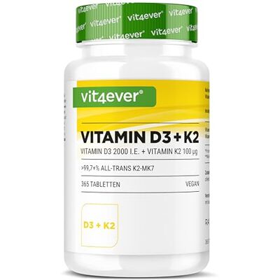 Vit4ever Vitamina D3 2000 UI K2-365 comprimidos 99,7% All-Trans MK7 100 µg vitamina K2 Matéria-prima premium RAW D3® alta biodisponibilidade alta dose, sem aditivos desnecessários Vegan Vit4ever Vitamina D3 2000 UI K2-365 comprimidos 99,7% All-Trans MK7 100 µg vitamina K2 Matéria-prima premium RAW D3® alta biodisponibilidade alta dose, sem aditivos desnecessários Vegan