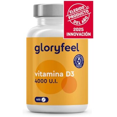 Gloryfeel Vitamina D3 4000 UI Alto conteúdo 400 comprimidos (1 ano) suporte para ossos, articulações e sistema imunitário colecalciferol vitamina D natural vegetariano, sem glúten e sem aditivos Gloryfeel Vitamina D3 4000 UI Alto conteúdo 400 comprimidos (1 ano) suporte para ossos, articulações e sistema imunitário colecalciferol vitamina D natural vegetariano, sem glúten e sem aditivos