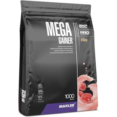 Maxler Mega Gainer Ganhador de peso para desenvolver músculo morango 1000 g combinação de proteínas, carboidratos, vitaminas e minerais 10% proteína do soro batido rico em calorias Maxler Mega Gainer Ganhador de peso para desenvolver músculo morango 1000 g combinação de proteínas, carboidratos, vitaminas e minerais 10% proteína do soro batido rico em calorias