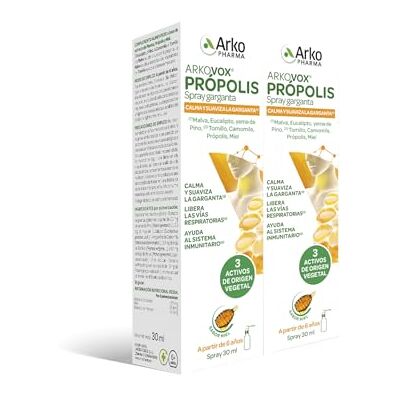Arkopharma Arkovox Própolis Spray 30 ml Pack x 2, cuidados com a garganta, faringe e cordas vocais, calma e suaviza a garganta, com extratos de plantas, sem glúten Arkopharma Arkovox Própolis Spray 30 ml Pack x 2, cuidados com a garganta, faringe e cordas vocais, calma e suaviza a garganta, com extratos de plantas, sem glúten