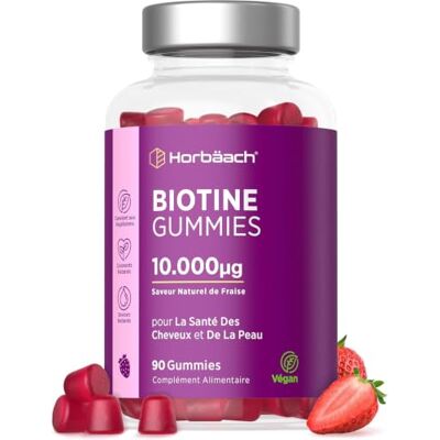 Horbäach Ergonóis de biotina para o cabelo 10.000mcg Vitamina B7 para o cabelo da pele e unhas, 90 Gummies vegan, sabor de morango, sem óleo de palma Horbaach Horbäach Ergonóis de biotina para o cabelo 10.000mcg Vitamina B7 para o cabelo da pele e unhas, 90 Gummies vegan, sabor de morango, sem óleo de palma Horbaach