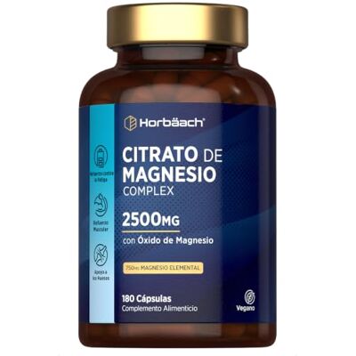 Horbäach Magnésio Complex 2500 mg com cirato e óxido, 750 mg magnésio elemental Citrate & Oxide 180 cápsulas veganas, Horbaach Horbäach Magnésio Complex 2500 mg com cirato e óxido, 750 mg magnésio elemental Citrate & Oxide 180 cápsulas veganas, Horbaach