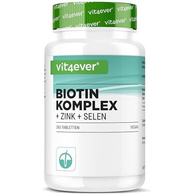 Vit4ever Complexo biotina selénio zinco 365 comprimidos sem aditivos 1000 µg de biotina, 10 mg de zinco e 55 µg de selénio, para pele, cabelo e unhas, vegan Vit4ever Complexo biotina selénio zinco 365 comprimidos sem aditivos 1000 µg de biotina, 10 mg de zinco e 55 µg de selénio, para pele, cabelo e unhas, vegan