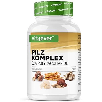 Vit4ever Complexo de cogumelos 5 cogumelos vitais, 180 cápsulas, vegano 32% (480 mg) de Polisacáridos 1500 mg de extratos de cogumelos Hericium, Reishi, Cordyceps, Shiitake e Agaricus Blazei Vit4ever Complexo de cogumelos 5 cogumelos vitais, 180 cápsulas, vegano 32% (480 mg) de Polisacáridos 1500 mg de extratos de cogumelos Hericium, Reishi, Cordyceps, Shiitake e Agaricus Blazei