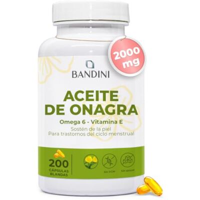 BANDINI ® Óleo de Onagra 2000 mg 200 cápsulas macias com vitamina E Sintomas menstruais, manutenção da pele e ossos 10% GLA, prensado a frio antioxidante e para a menopausa BANDINI ® Óleo de Onagra 2000 mg 200 cápsulas macias com vitamina E Sintomas menstruais, manutenção da pele e ossos 10% GLA, prensado a frio antioxidante e para a menopausa