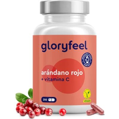 Gloryfeel Cranberry vermelho 25 000 mg por cápsula com vitamina C, 210 cápsulas veganas para + 6 meses extrato de concentrado 50:1, Cranberry de alta biodisponibilidade e absorção Gloryfeel Cranberry vermelho 25 000 mg por cápsula com vitamina C, 210 cápsulas veganas para + 6 meses extrato de concentrado 50:1, Cranberry de alta biodisponibilidade e absorção