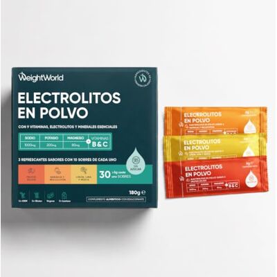 WeightWorld Eletrólitos sem açúcar em pó 30 envelopes de 3 sabores diferentes Sódio, potássio e magnésio que fornecem sais minerais, com vitaminas B e C, sem OGM, vegan e sem glúten WeightWorld Eletrólitos sem açúcar em pó 30 envelopes de 3 sabores diferentes Sódio, potássio e magnésio que fornecem sais minerais, com vitaminas B e C, sem OGM, vegan e sem glúten