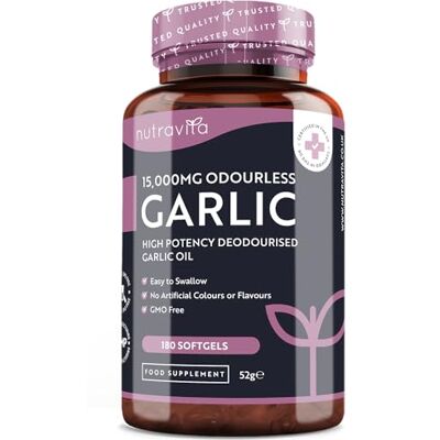 Nutravita Alho cápsulas sem odor alta dose 15,000 mg 180 pérolas para fornecimento por 6 meses extrato de óleo de alho fonte de alcinha suplemento alimentar sem aditivos Nutravita Alho cápsulas sem odor alta dose 15,000 mg 180 pérolas para fornecimento por 6 meses extrato de óleo de alho fonte de alcinha suplemento alimentar sem aditivos