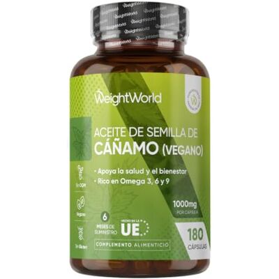 WeightWorld Ómega 3 6 9 de óleo de cânhamo 1000 mg, 180 cápsulas veganas, para 6 meses Alternativa vegetal a ácidos gordos de peixe, sem glúten nem OGM WeightWorld Ómega 3 6 9 de óleo de cânhamo 1000 mg, 180 cápsulas veganas, para 6 meses Alternativa vegetal a ácidos gordos de peixe, sem glúten nem OGM