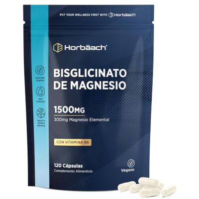 Horbäach Bisglicinato de magnésio 1500 mg com vitamina B6-120 cápsulas Magnesium glicinato vegan e puro, 300 mg elemental, magnésio bisglycinate, de Horbaach Horbäach Bisglicinato de magnésio 1500 mg com vitamina B6-120 cápsulas Magnesium glicinato vegan e puro, 300 mg elemental, magnésio bisglycinate, de Horbaach