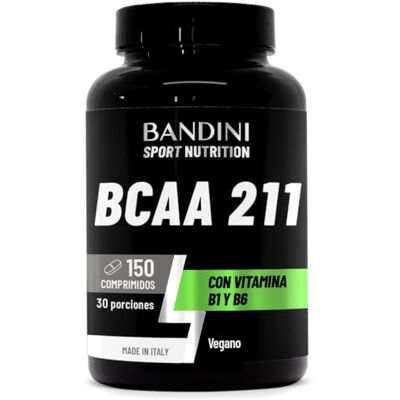 BANDINI ® BCAA 2 1 150 Comprimidos Aminoácidos Ramificados 2.1.1 L-Leucina, L-Isoleucina, L-Valina com vitamina B1 e B6 Complemento alimentar 2:1:1 pré e pós-treino 100% vegan BANDINI ® BCAA 2 1 150 Comprimidos Aminoácidos Ramificados 2.1.1 L-Leucina, L-Isoleucina, L-Valina com vitamina B1 e B6 Complemento alimentar 2:1:1 pré e pós-treino 100% vegan