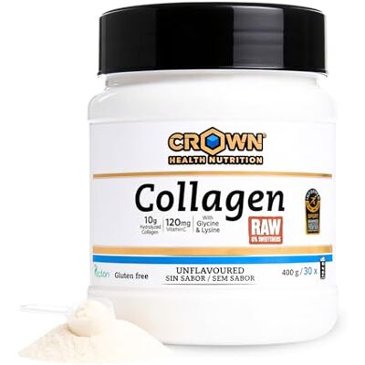 Crown Collagen RAW 400 g Colágeno hidrolizado do tipo I Peptan® 10 g, Glicina, lisina e vitamina C, sabor neutro, Informed Sport certificado antidoping Crown Collagen RAW 400 g Colágeno hidrolizado do tipo I Peptan® 10 g, Glicina, lisina e vitamina C, sabor neutro, Informed Sport certificado antidoping