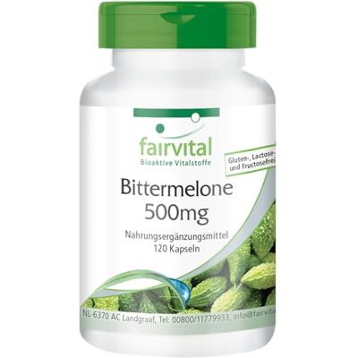fairvital Melão amargo, 120 cápsulas, com 500 mg de extrato de melão amargo e 20 µg de crómio por cápsula, ALTA DOSIS, VEGANO, com 10% de charantina fairvital Melão amargo, 120 cápsulas, com 500 mg de extrato de melão amargo e 20 µg de crómio por cápsula, ALTA DOSIS, VEGANO, com 10% de charantina