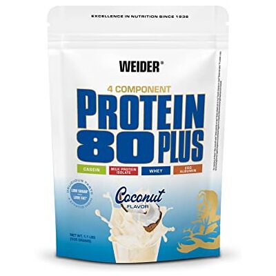 Weider Proteína 80 Plus Size, 500 g, coco Proteína em pó de 4 componentes, 80% de proteínas, batimento cremoso com cálcio e vitamina B6 Weider Proteína 80 Plus Size, 500 g, coco Proteína em pó de 4 componentes, 80% de proteínas, batimento cremoso com cálcio e vitamina B6