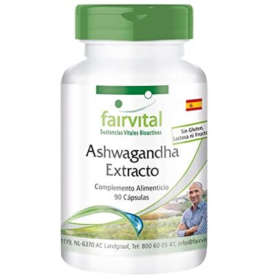 fairvital Ashwagandha, 90 cápsulas, alta dose, extrato de 1000 mg de ashwagandha 12:1 por dose diária, 5% de withanólidos, VEGANO, Withania somnifera fairvital Ashwagandha, 90 cápsulas, alta dose, extrato de 1000 mg de ashwagandha 12:1 por dose diária, 5% de withanólidos, VEGANO, Withania somnifera