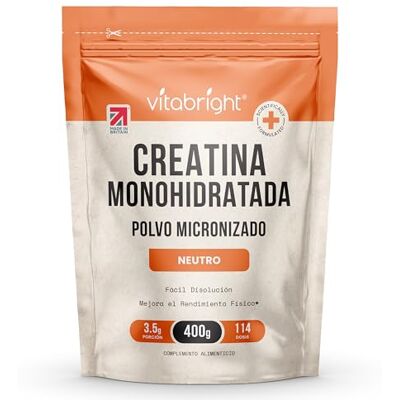 VitaBright Creatina monohidratada em pó microfibra, bolsa de 400 g, 114 rotações, creatina monohidrato em pó ultrafino 200 mesh de fácil dissolução (não em gominolas), vegana, Creatine VitaBright Creatina monohidratada em pó microfibra, bolsa de 400 g, 114 rotações, creatina monohidrato em pó ultrafino 200 mesh de fácil dissolução (não em gominolas), vegana, Creatine