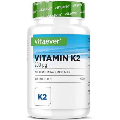 Vit4ever vitamina K2 MK-7 200 µg 365 comprimidos 12 meses 99,7% All-trans Menaquinona-7 Alta dose, sem aditivos desnecessários Vegan Vit4ever vitamina K2 MK-7 200 µg 365 comprimidos 12 meses 99,7% All-trans Menaquinona-7 Alta dose, sem aditivos desnecessários Vegan