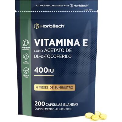 Horbäach Vitamina E cápsulas 400 UI (D-Alpha Tocoferol) pura 200 pérolas Fornecimento de 6 meses alta absorção de Horbaach Horbäach Vitamina E cápsulas 400 UI (D-Alpha Tocoferol) pura 200 pérolas Fornecimento de 6 meses alta absorção de Horbaach