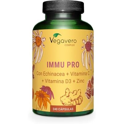 Vegavero Complexo Defesas Imunitárias 100% NATURAL 240 cápsulas, vitamina C, D3 Equinácea zinco selénio gengibre Immu Pro Complex, sem aditivos e vegano Vegavero Complexo Defesas Imunitárias 100% NATURAL 240 cápsulas, vitamina C, D3 Equinácea zinco selénio gengibre Immu Pro Complex, sem aditivos e vegano