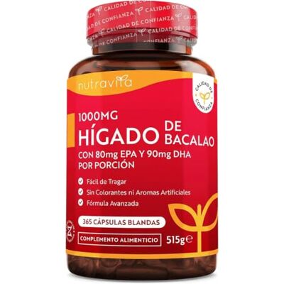 Nutravita Óleo de fígado de Bacalhau 1000 mg 365 cápsulas lisas Fonte de ácidos gordos ómega 3 EPA e DHA óleo de fígado de Bacalhau primeira qualidade Cod Liver Oil para mulheres e Nutravita Óleo de fígado de Bacalhau 1000 mg 365 cápsulas lisas Fonte de ácidos gordos ómega 3 EPA e DHA óleo de fígado de Bacalhau primeira qualidade Cod Liver Oil para mulheres e