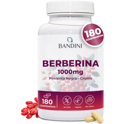 BANDINI ® Berberina 1000mg pura alta dosagem 180 comprimidos veganos Berberina HCl de Berberis Aristata 97% + Crómio e Pimenta Preta Absorção máxima Função digestiva, hepática, intestinal Berberina HCl de Berberis Aristata 97% + Cromo y Pimienta Neg BANDINI ® Berberina 1000mg pura alta dosagem 180 comprimidos veganos Berberina HCl de Berberis Aristata 97% + Crómio e Pimenta Preta Absorção máxima Função digestiva, hepática, intestinal Berberina HCl de Berberis Aristata 97% + Cromo y Pimienta Neg