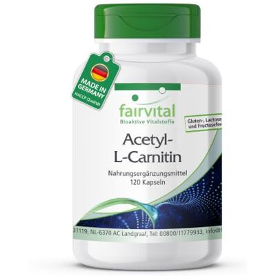 fairvital Acetil-L-carnitina 120 cápsulas, 1500 mg por dia, qualidade certificada e alta dose, 100 % vegano, fabricado na Alemanha fairvital Acetil-L-carnitina 120 cápsulas, 1500 mg por dia, qualidade certificada e alta dose, 100 % vegano, fabricado na Alemanha
