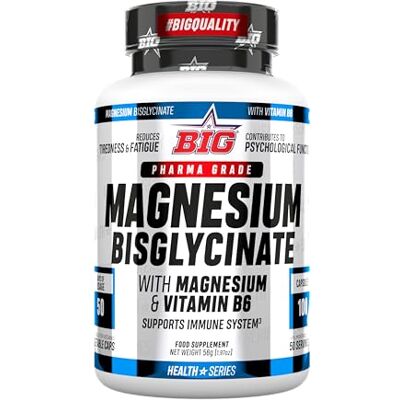BIG Bisglicinato de magnésio 100% quelado, 100 cápsulas, bisglicinato de magnésio com vitamina B6 para relaxamento muscular, melhora do sono, cansaço e cólicas sem efeitos laxantes Vegano BIG Bisglicinato de magnésio 100% quelado, 100 cápsulas, bisglicinato de magnésio com vitamina B6 para relaxamento muscular, melhora do sono, cansaço e cólicas sem efeitos laxantes Vegano