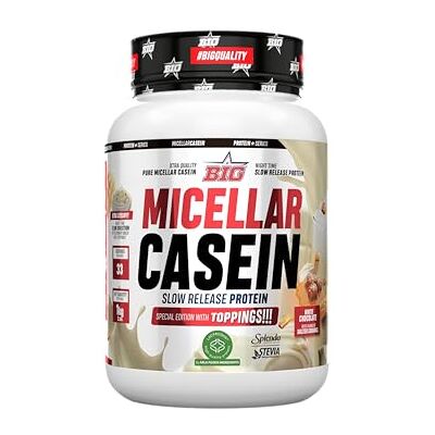 BIG Caseina Micelar Caseina protetora de libertação sustentada, recuperação, massa muscular baixa em gorduras e carboidratos textura cremosa (toppings (pedaços), chocolate branco saltado caramel) BIG Caseina Micelar Caseina protetora de libertação sustentada, recuperação, massa muscular baixa em gorduras e carboidratos textura cremosa (toppings (pedaços), chocolate branco saltado caramel)