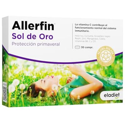 Eladiet ALLERFIN Sol de ouro forte para sintomas primavera ajuda contra o pólen, pó e ácaros, multivitamínico vitaminas C, D3, B6, zinco, magnésio, cobre, açafrão, hélicroso, Reishi Eladiet ALLERFIN Sol de ouro forte para sintomas primavera ajuda contra o pólen, pó e ácaros, multivitamínico vitaminas C, D3, B6, zinco, magnésio, cobre, açafrão, hélicroso, Reishi
