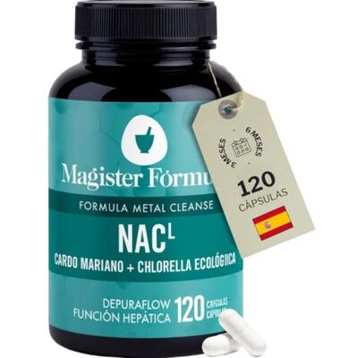 Magister Formula NAC 600 mg N Acetil, L-cisteína Aumenta a glutation, Cardo Mariano (silimarina) e chlorela, 120 cápsulas, antioxidante natural, antienvelhecimento, sistema imunitário e respiratório, limpeza de metais Magister Formula NAC 600 mg N Acetil, L-cisteína Aumenta a glutation, Cardo Mariano (silimarina) e chlorela, 120 cápsulas, antioxidante natural, antienvelhecimento, sistema imunitário e respiratório, limpeza de metais