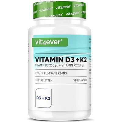 Vit4ever Vitamina D3 10.000 UI + Vitamina K2 200 µg Deopt 180 Comprimidos Alta dose 99,7% All-Trans MK-7 Vegetariano Premium sem aditivos desnecessários Vit4ever Vitamina D3 10.000 UI + Vitamina K2 200 µg Deopt 180 Comprimidos Alta dose 99,7% All-Trans MK-7 Vegetariano Premium sem aditivos desnecessários