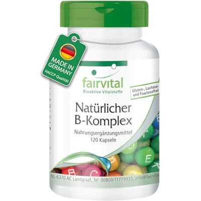 fairvital Complexo de vitamina B, de origem natural a partir de levedura, as 8 vitaminas B (B1, B2, B3, B5, B6, B7, B9, B12), VEGANO, 120 cápsulas, fáceis de engolir, com colina e inositol fairvital Complexo de vitamina B, de origem natural a partir de levedura, as 8 vitaminas B (B1, B2, B3, B5, B6, B7, B9, B12), VEGANO, 120 cápsulas, fáceis de engolir, com colina e inositol