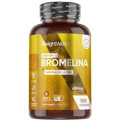 WeightWorld Bromelina 650 mg 2500 GDU/g em 180 cápsulas Enzimas naturais do extrato de ananás fornecimento de 6 meses, adequado para veganos, sem estearato de magnésio nem OGM WeightWorld Bromelina 650 mg 2500 GDU/g em 180 cápsulas Enzimas naturais do extrato de ananás fornecimento de 6 meses, adequado para veganos, sem estearato de magnésio nem OGM