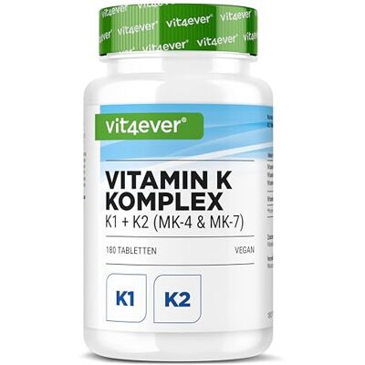 Vit4ever Complexo de vitamina K – 180 comprimidos, K1 K2, menaquinona 1000 µg K1 e K2 MK4 200 µg de K2 MK7 All-Trans – alta biodisponibilidade, sem aditivos desnecessários, vegano Vit4ever Complexo de vitamina K – 180 comprimidos, K1 K2, menaquinona 1000 µg K1 e K2 MK4 200 µg de K2 MK7 All-Trans – alta biodisponibilidade, sem aditivos desnecessários, vegano