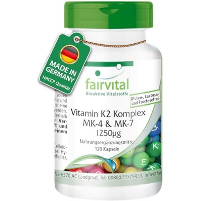 fairvital Complexo de vitamina K2 MK-4 e MK-7: 1250 mcg de K2 por cápsula, 120 cápsulas, fáceis de engolir, ALTA DOSIS, VEGANO, MK-7 fairvital Complexo de vitamina K2 MK-4 e MK-7: 1250 mcg de K2 por cápsula, 120 cápsulas, fáceis de engolir, ALTA DOSIS, VEGANO, MK-7