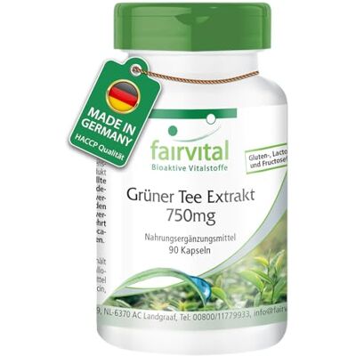 fairvital Extrato de chá verde, 90 cápsulas, 1500 mg por dose diária, 50% de polifenóis, 30% de catequinas, 15% de EGCG, 7% de cafeína, ALTA DOSIS, VEGANO, Camellia Sinensis fairvital Extrato de chá verde, 90 cápsulas, 1500 mg por dose diária, 50% de polifenóis, 30% de catequinas, 15% de EGCG, 7% de cafeína, ALTA DOSIS, VEGANO, Camellia Sinensis