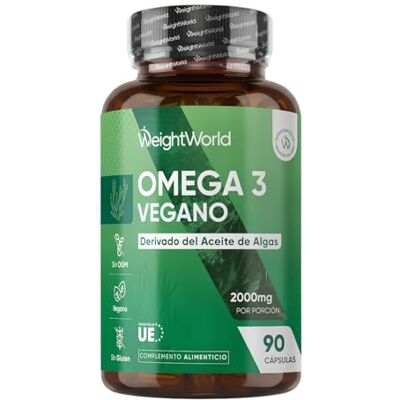 WeightWorld Ómega 3 Vegan 2000 mg de óleo de algas 90 cápsulas, fornece 600 mg DHA e 300 mg EPA, pérolas de ácido gordo ômega 3 para + 1 mês de fornecimento, sem OGM WeightWorld Ómega 3 Vegan 2000 mg de óleo de algas 90 cápsulas, fornece 600 mg DHA e 300 mg EPA, pérolas de ácido gordo ômega 3 para + 1 mês de fornecimento, sem OGM