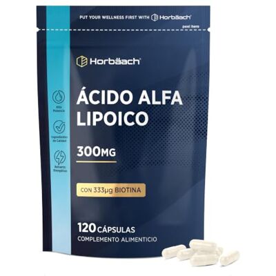 Horbäach Ácido alfa-lípoico (ALA) fornecimento de 4 meses máxima absorção 120 cápsulas de ácido alfa-lipóico com biotina alta potência Horbaach Horbäach Ácido alfa-lípoico (ALA) fornecimento de 4 meses máxima absorção 120 cápsulas de ácido alfa-lipóico com biotina alta potência Horbaach