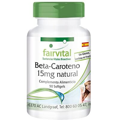 fairvital Betacaroteno 25 000 UI, 90 cápsulas macias, 15 mg por cápsula, alta DOSE, provitamina A fairvital Betacaroteno 25 000 UI, 90 cápsulas macias, 15 mg por cápsula, alta DOSE, provitamina A