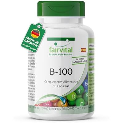 fairvital Complexo de vitamina B Forte, B-100, 90 cápsulas, todas as vitaminas B (B1, B2, B3, B5, B6, B7, B9, B12), especialmente altas doses fairvital Complexo de vitamina B Forte, B-100, 90 cápsulas, todas as vitaminas B (B1, B2, B3, B5, B6, B7, B9, B12), especialmente altas doses